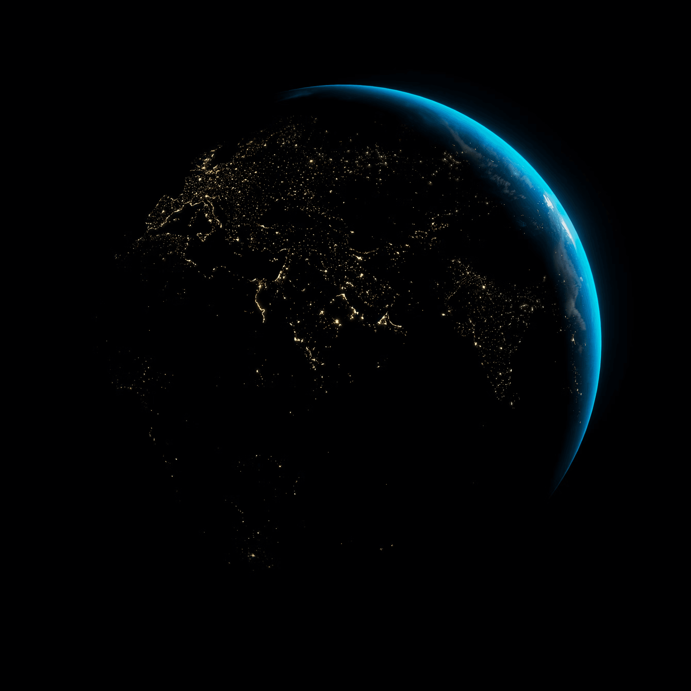 Image of the earth at night illuminated by lights on the ground